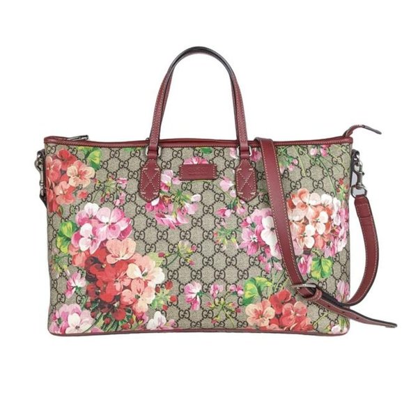 Gucci Monogram Blooms Medium Zippered Beige Multicolor Pink Gg Supreme Tote